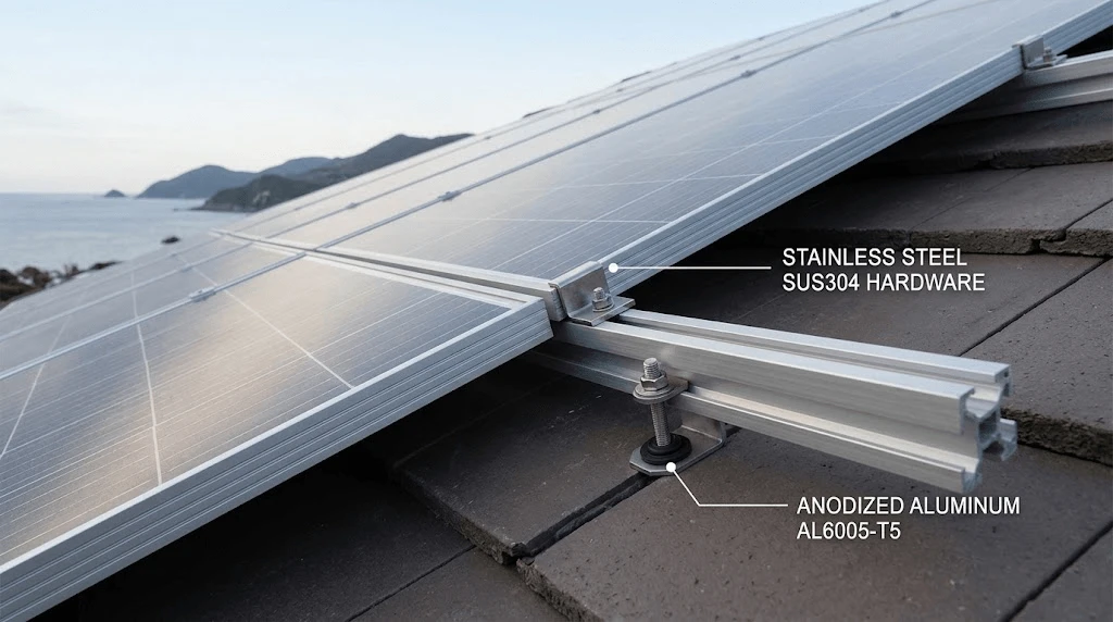 Anodized aluminum AL6005-T5 and SUS304 stainless steel hardware on a pitched roof solar mounting system for typhoon-rated wind resistance Anodized aluminum AL6005-T5 and SUS304 stainless steel hardware on a pitched roof solar mounting system for typhoon-rated wind resistance